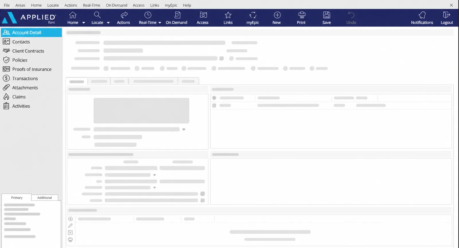 The Applied Epic account details page with YOVU capturing a call
