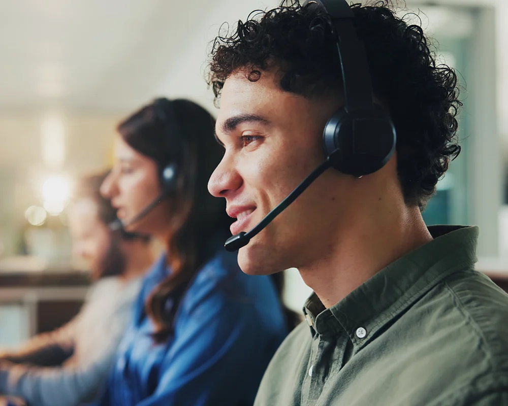 A friendly support specialist on a call