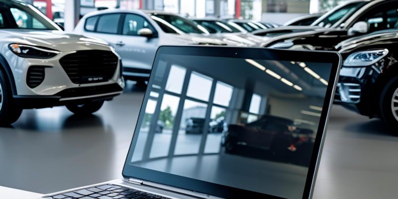 Automotive Dealer blog hero image - Laptop in dealership